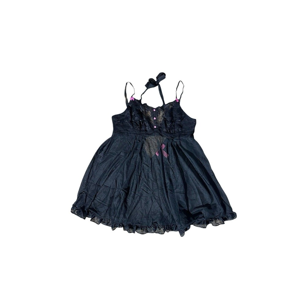 Betsey Johnson Intimate Sheer Babydoll Black Pink Lingerie Nighty Ruffle Large